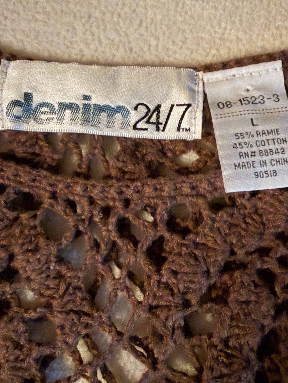 Denim 24/7 Chocolate Brown Crochet Open Knit Flowy Tunic Women’s Top Size Large - Picture 3 of 6